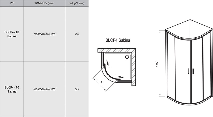 BLCP4 SABINA negyedköríves, tolóajtós zuhanykabin
