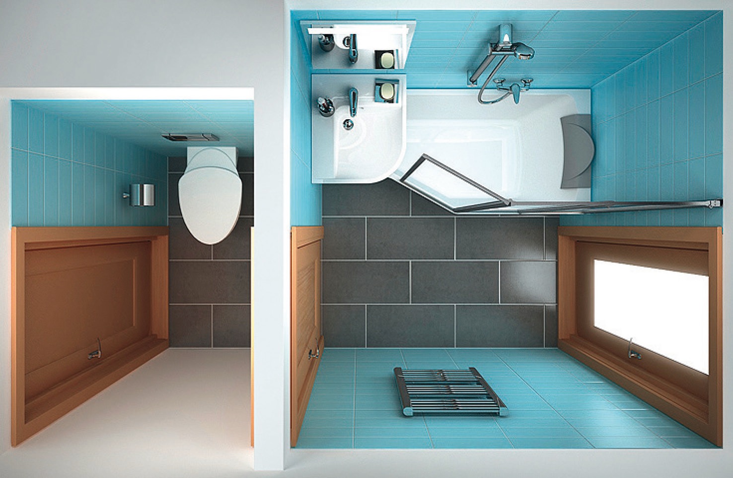 BeHappy koncepciónk kádja és mosdókagylója, valamint fürdőszoba bútorai a legkisebb fürdőszobában is gond nélkül elférnek.