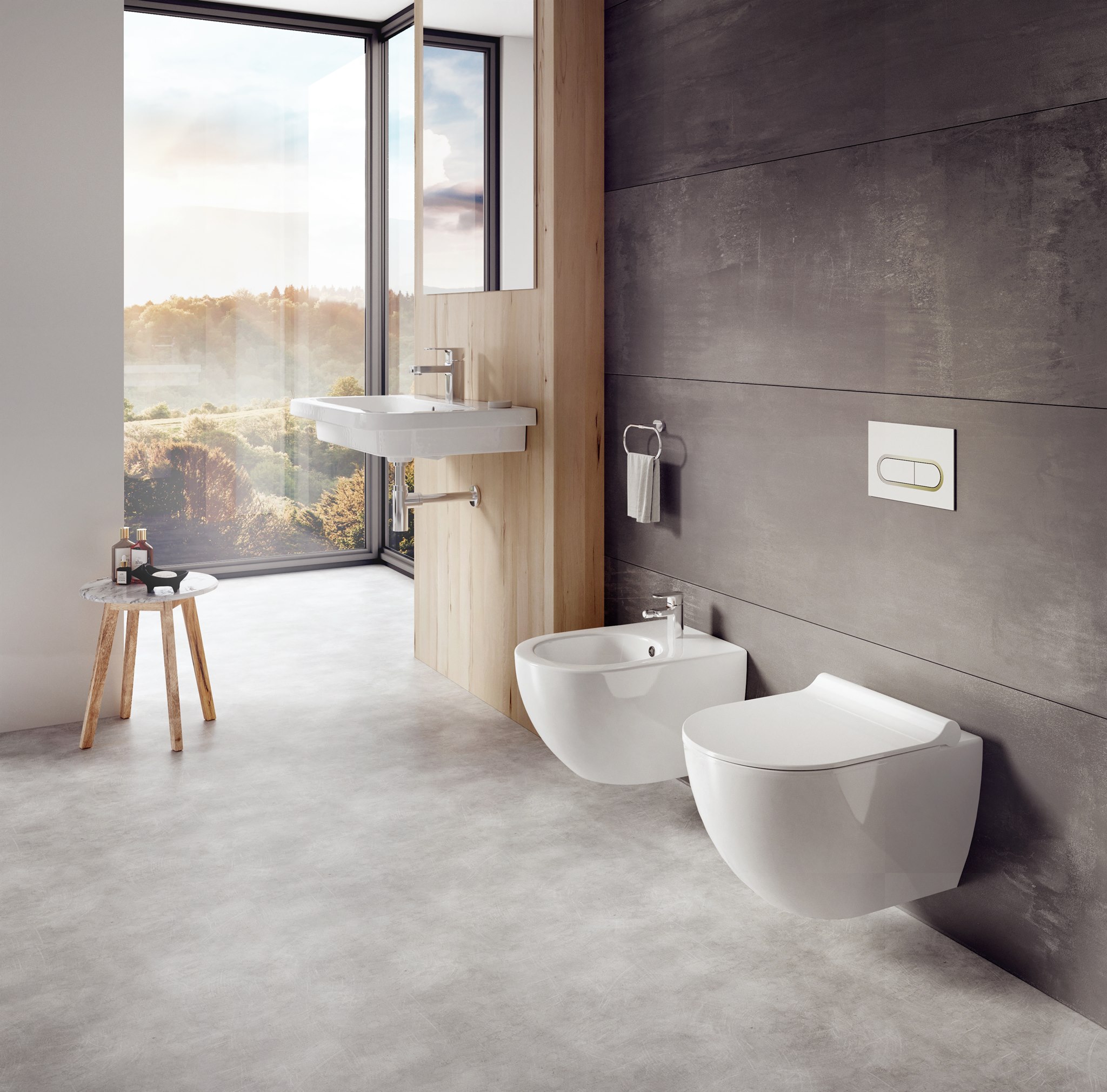 A stílus és hatékonyság jegyében készült, a legkisebb egységeiben is átgondolt fürdőszoba koncepció jellemzője a finom, ovális forma. Ez jellemző a wc-re és bidére is.