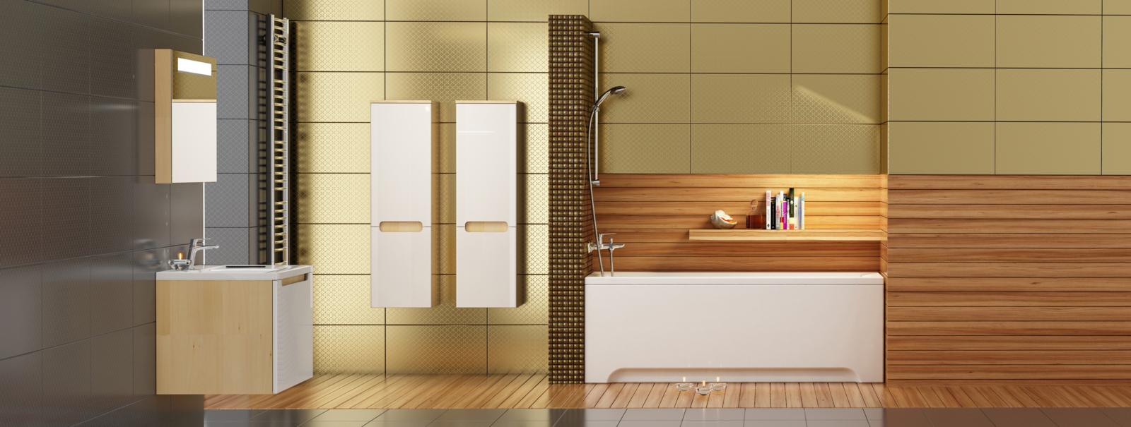 Meleg árnyalatú burkolattal és felfestéssel harmonikus egységet alkotnak a klasszikus vonalvezetésű szaniterek: a fürdőszobabútorok mellett a kád és a zuhanyzó is.