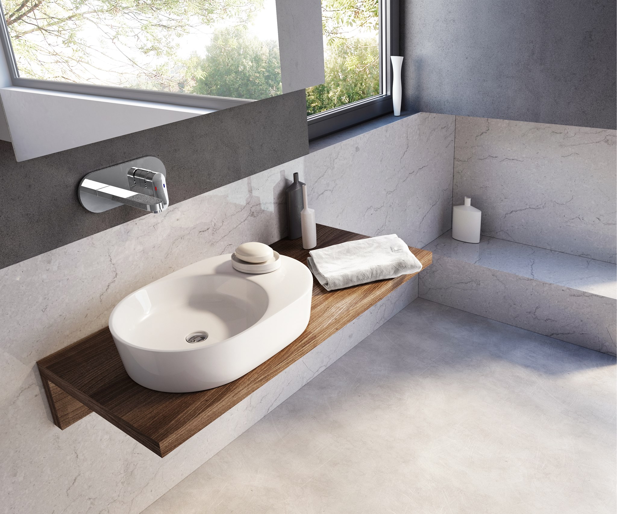 Mosdópultra ültethető Moon mosdónk geometriai formájával a fürdőszoba legjátékosabb fürdőszoba bútora lehet.