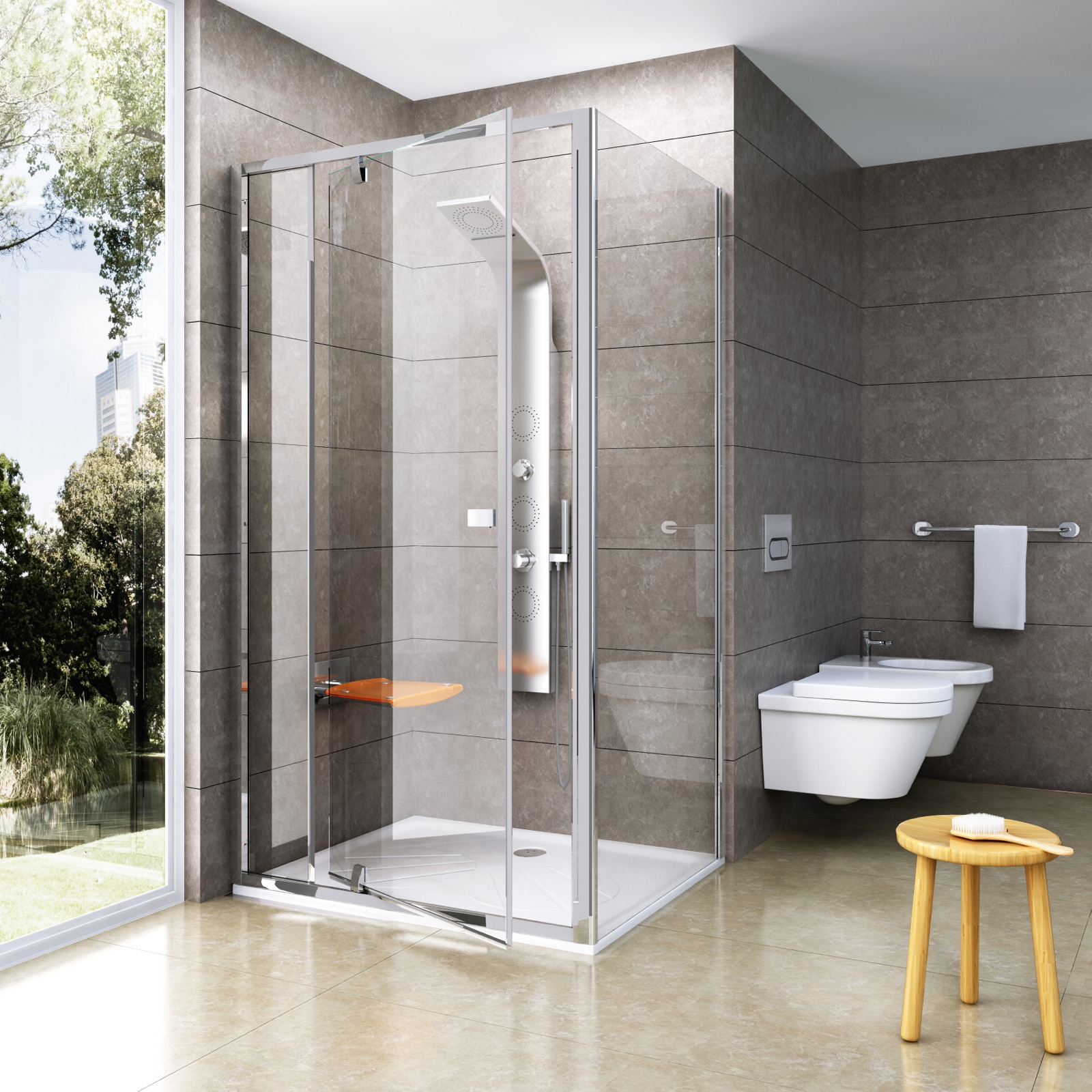 A Pivot zuhanykabinok egyszerűségét látványos üvegfelületek emelik nagyszerűvé. Ilyen egy modern, szerethető fürdőszoba!