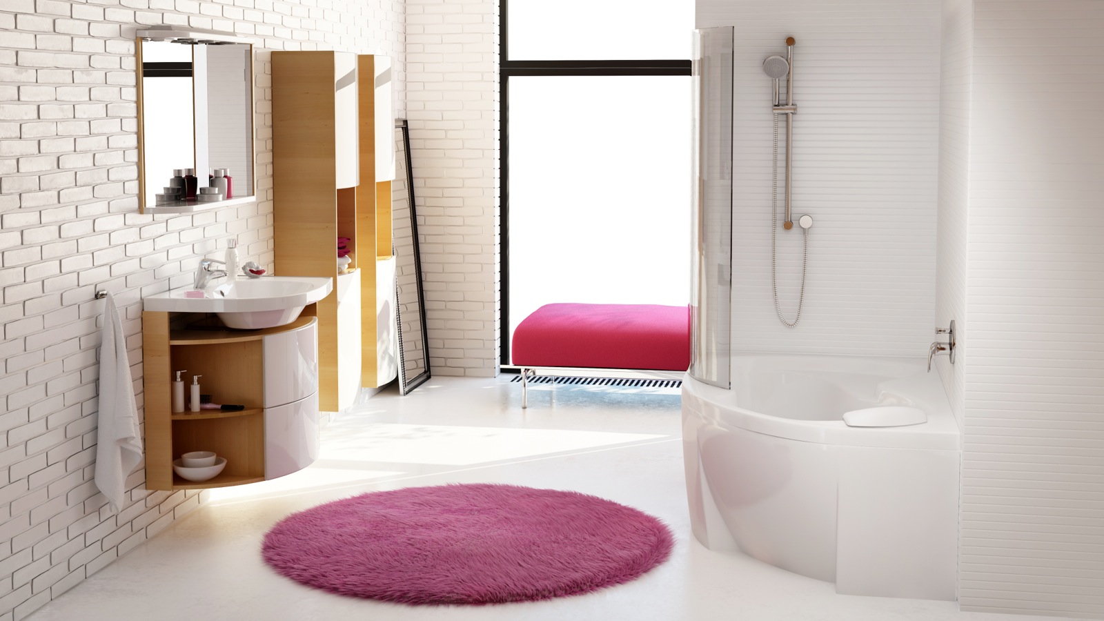 Rosa fürdőszoba koncepciónk barátságosan hívogató, letisztult fürdőszobát varázsol az addig unalmas helyiségből.