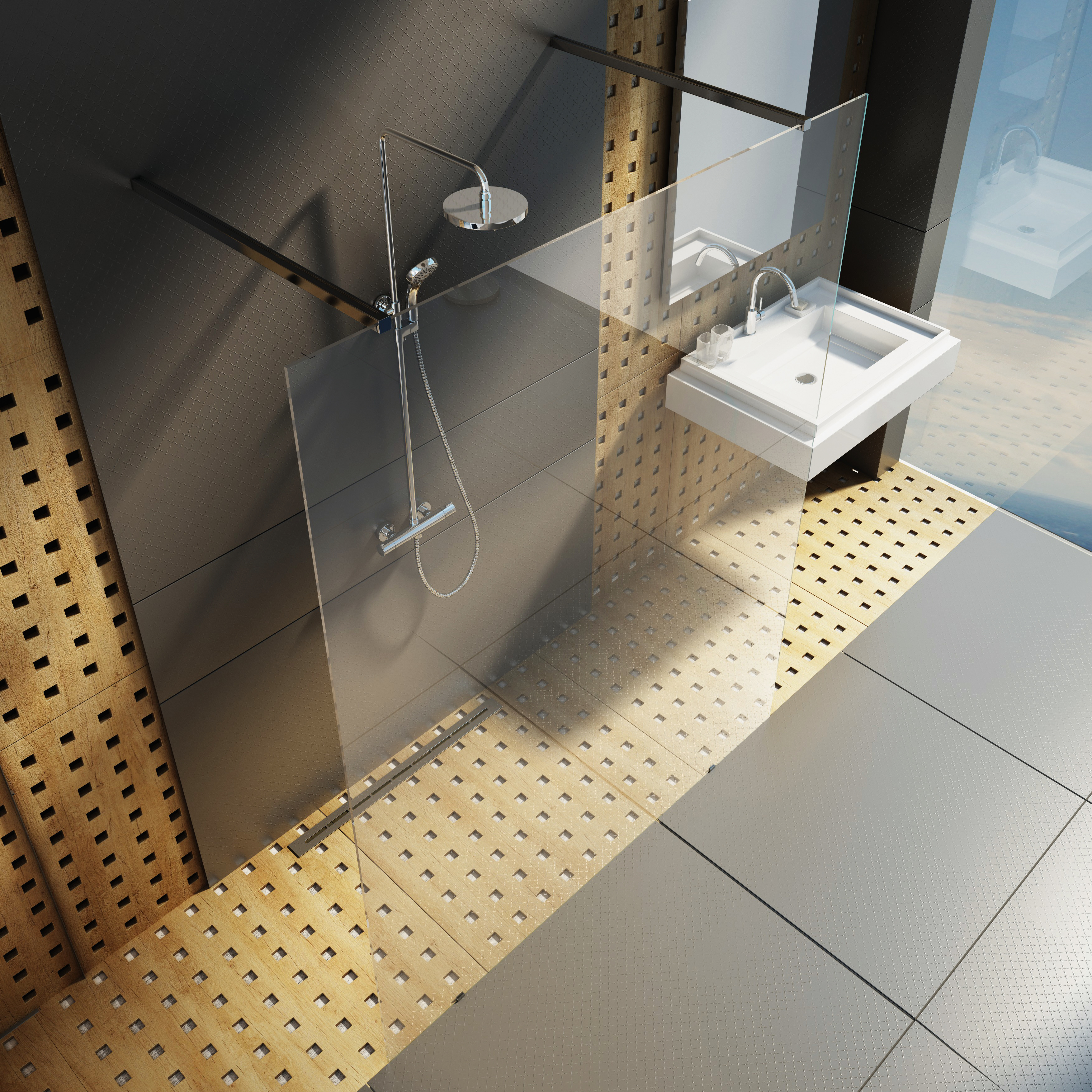 A zuhanyoszlop esőztető zuhanyfeje a falra erősítés után könnyen állítható, a kézi zuhanyfej pedig igény szerint bármely irányba elforgatható. 