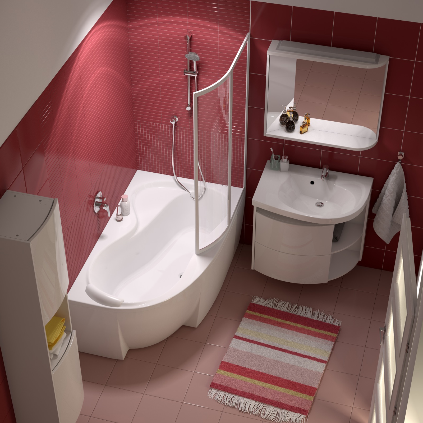 Az egységes stílusú kád, zuhanysarok, mosdó, fürdőszobabútor és csaptelep megoldásokat kínáló RAVAK Rosa koncepció megfelel a legkisebb fürdőszobákba is. 