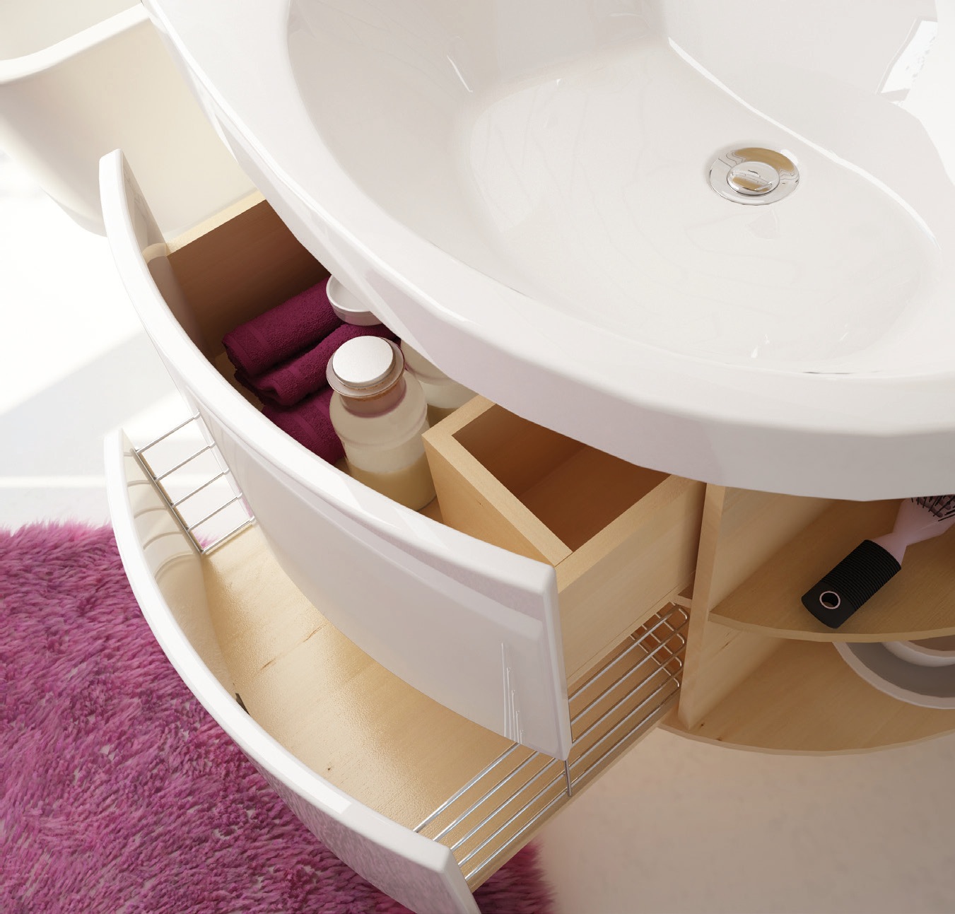 A Rosa fürdőszobabútorok bőséges tárolóhellyel rendelkeznek, a fürdőszoba legfontosabb darabjaivá válhatnak, ráadásul tökéletesen illeszkednek a Rosa mosdókagylóhoz.