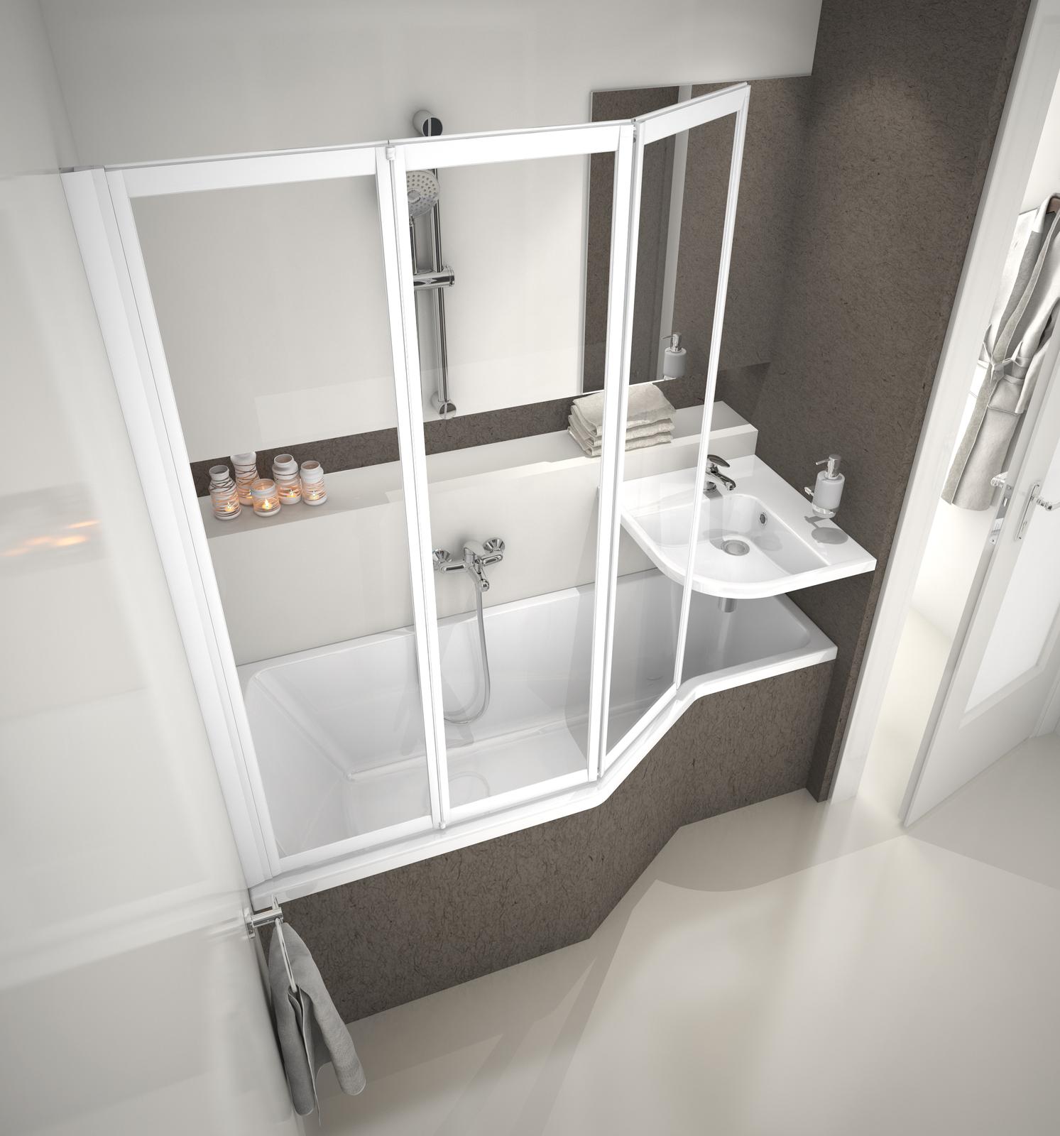 A BeHappy fürdőszoba koncepció innovatív mosdója a kád alsó vége fölé függeszthető. Helytakarékos megoldás kis fürdőszobába.