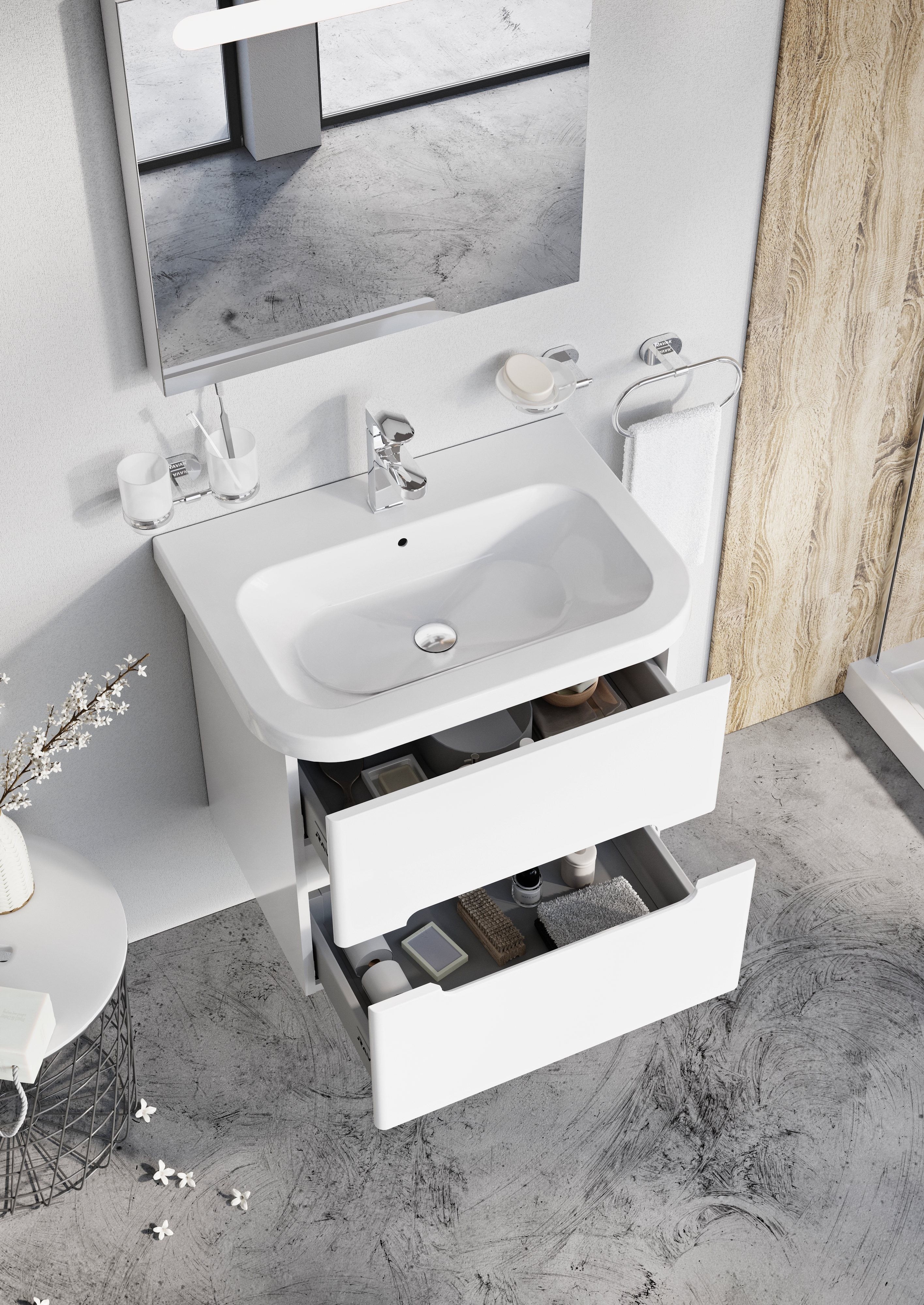 A Chrome fürdőszobaszekrény kihúzható fiókjai tágasak, mélyek és jól pakolhatók.