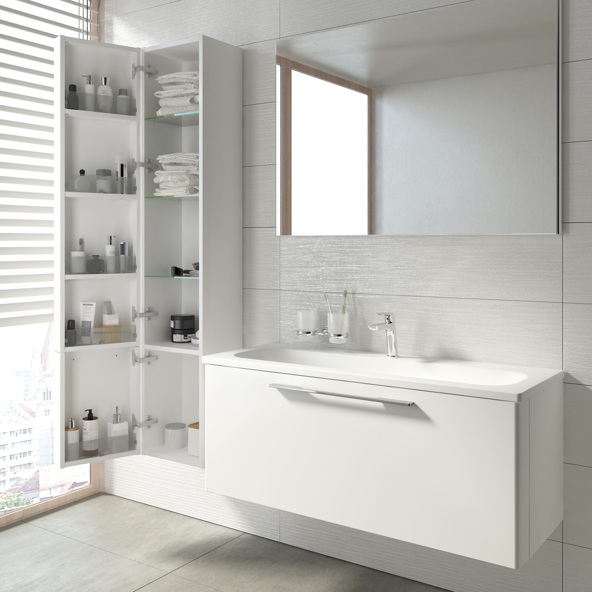 A polcoknak és az ajtóra szerelt bőséges tárolóegységeknek köszönhetően jól strukturálható a fürdőszoba kiegészítők egész sora.