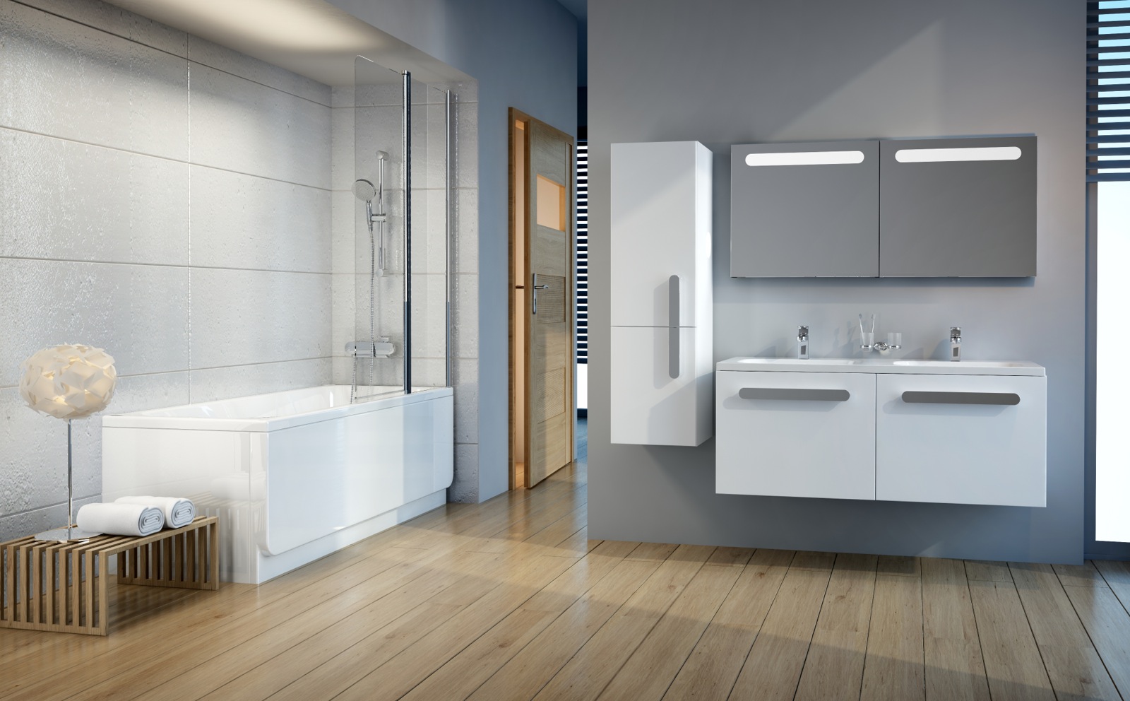 Az ideális fürdőszobában a kád, a kádparavánnal elkerített zuhanyzó, a fürdőszobabútorok színvilága illeszkedik a fürdőszoba falának burkolatához.