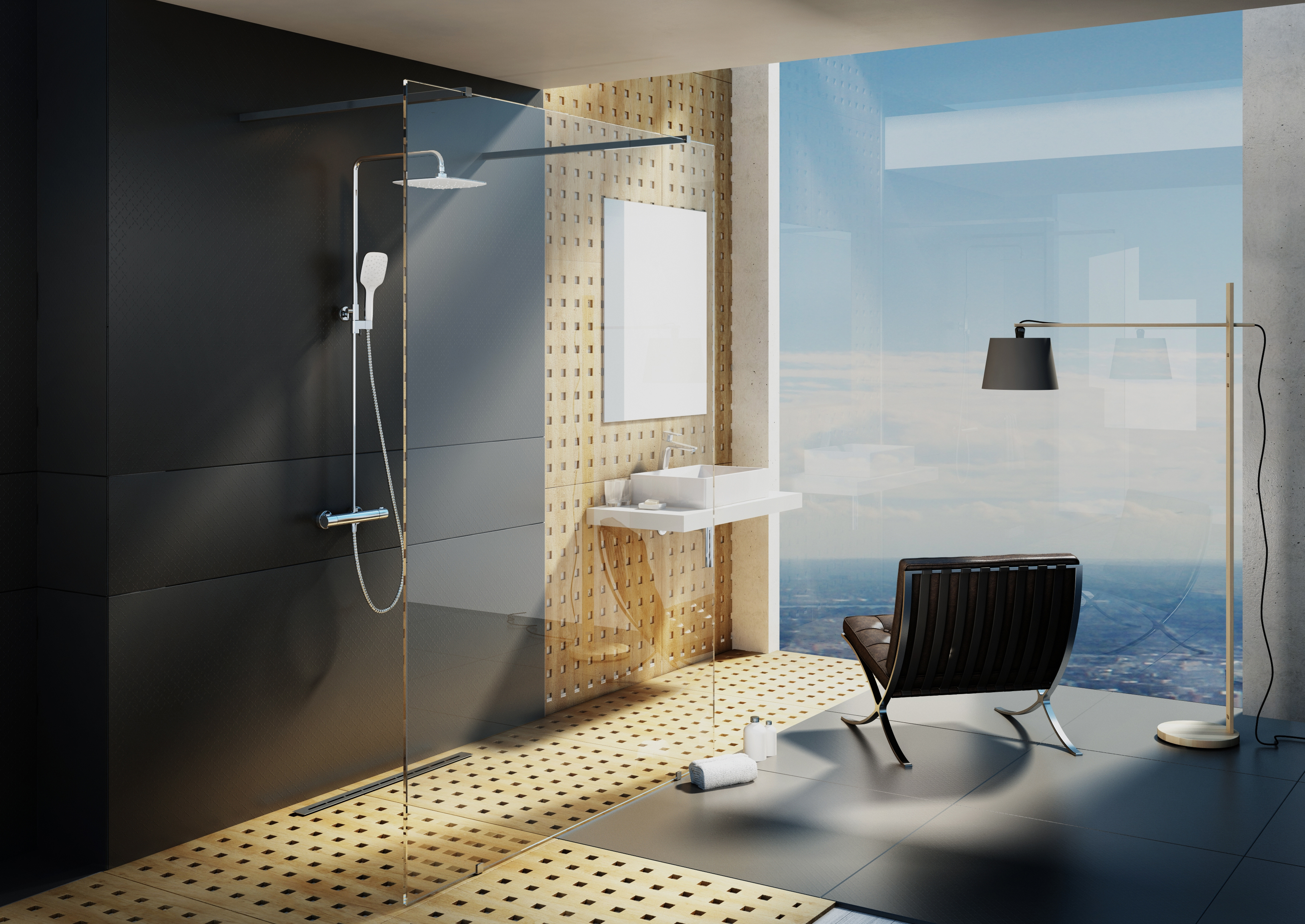 Loft lakásba javasoljuk a milliméternyi pontossággal alakítható, légiesen könnyed, zuhanyfolyókával felszerelhető Walk-In zuhanykabint.