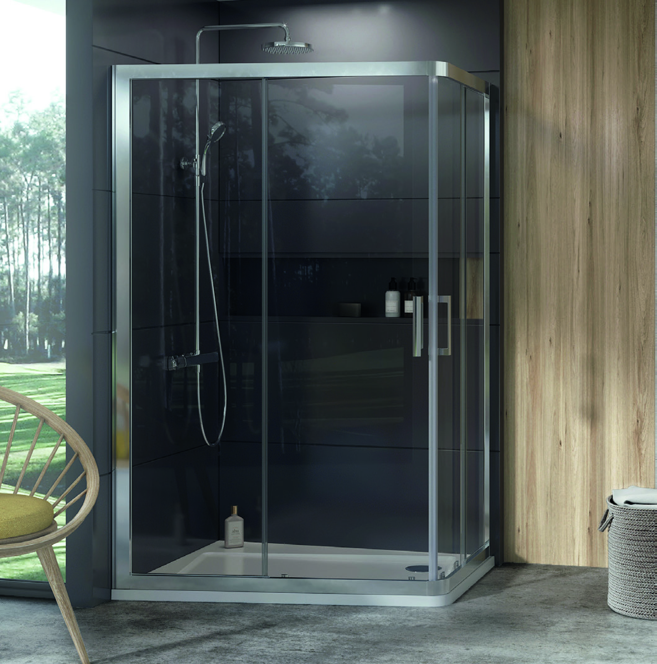 Az aszimmetrikus zuhanykabinnak egyedülálló megjelenést biztosít a levágott sarok, míg a téglalap alakú zuhanytálca helytakarékos megoldást kínál.