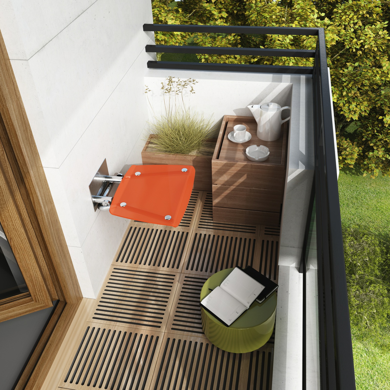 Ha a teraszon, erkélyen helyezi el a felhajtható zuhanyülőkét, bármikor kiülhet egy gyors kávéra!