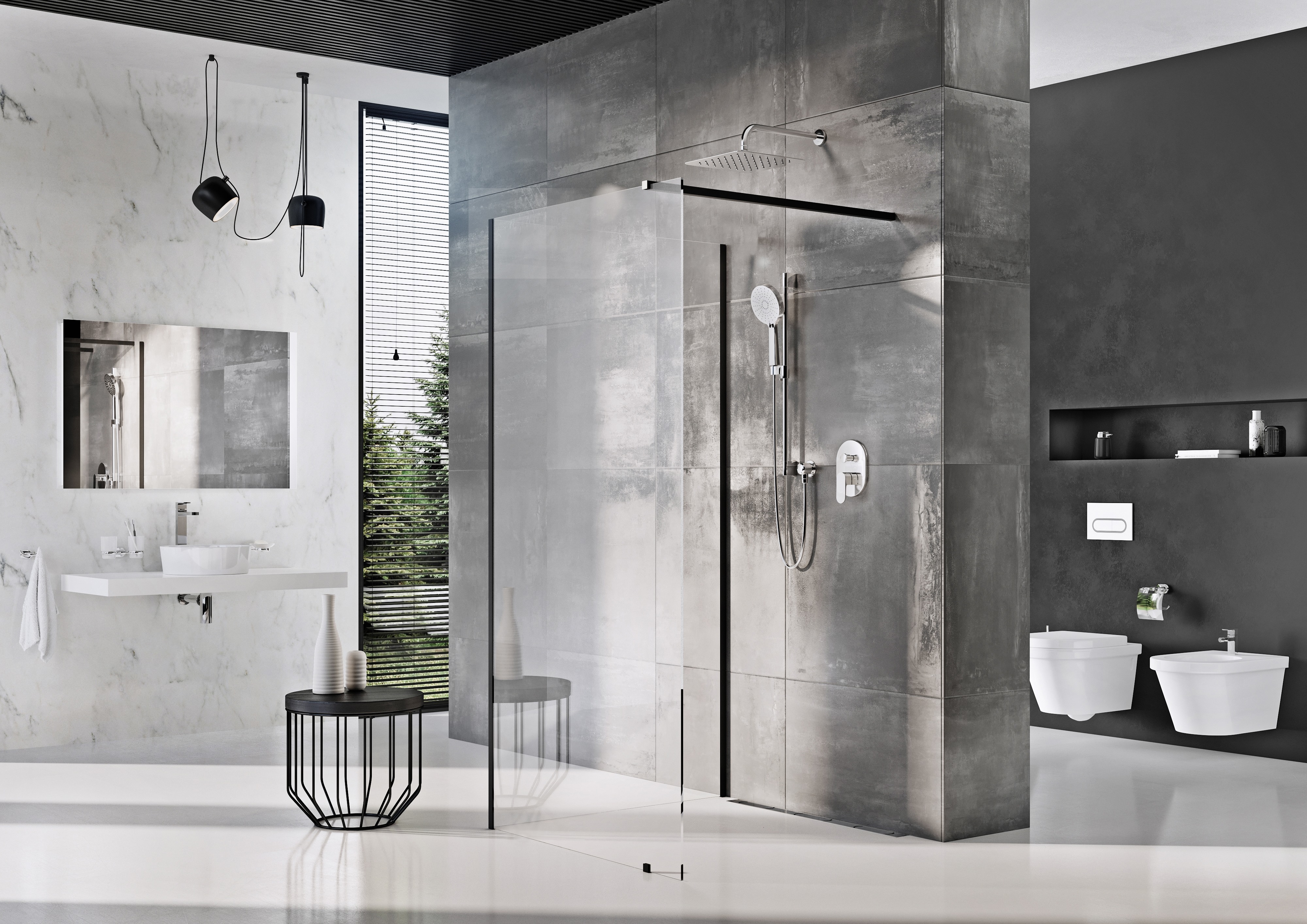 A fekete profilú Walk-In zuhanykabin egyszerre elegáns és merészen kontrasztos megoldás a fürdőszobába.